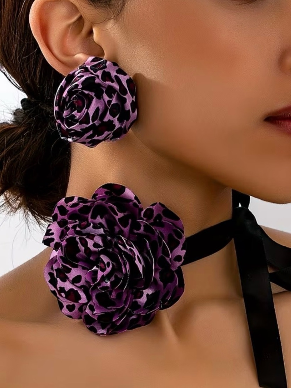 Purple Leopard Rose Jewelry Set  — Floral Choker Necklace & Rose Bud Earrings